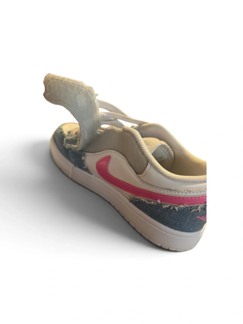 Jordan Kids Low-Top Sneakers in Denim, White & Pink Glitter size 3Y